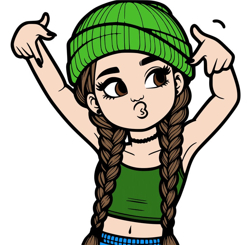 realistic teenage girl with braids and a beanie and crop top doing 🫶🏼