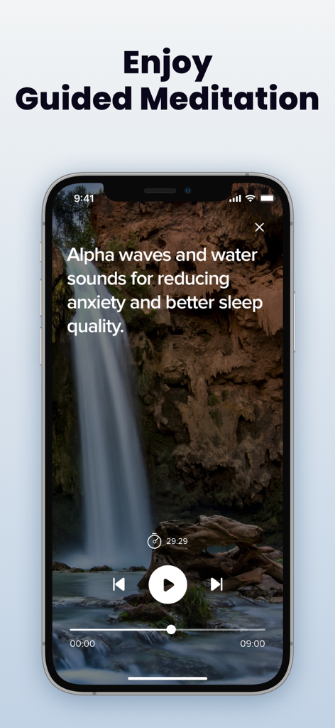 Smartphone screen showing a guided meditation session with a waterfall background for stress relief