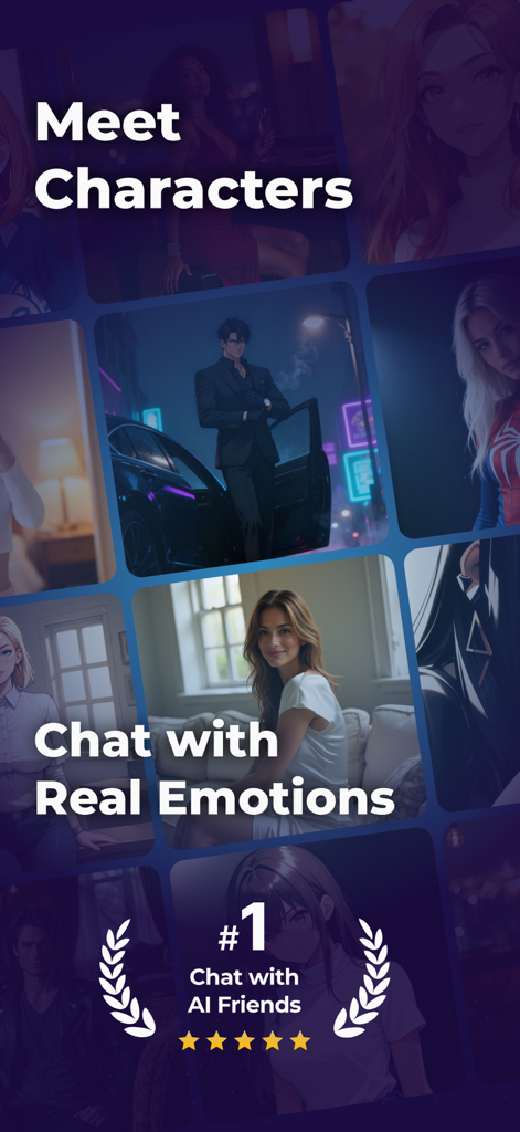 Dream Mate: AI Roleplay Chat - A grid of diverse anime and realistic AI characters available for roleplay and emotional chat in the Dream Mate app.