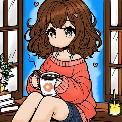 cute anime girl reading book and drinking hot chocolate from mug with loose wavy hair wearing a baggy sweatshirt and shorts sitting by windowsill looking out