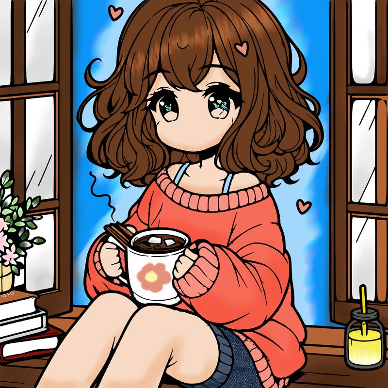 cute anime girl reading book and drinking hot chocolate from mug with loose wavy hair wearing a baggy sweatshirt and shorts sitting by windowsill looking out