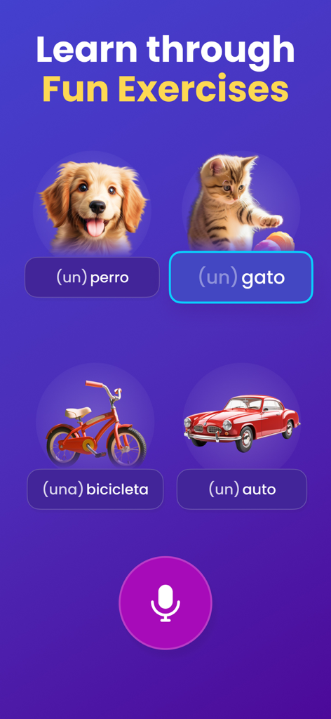 Mondly app screen showing Spanish vocabulary exercises with images of a dog, cat, bicycle, and car
