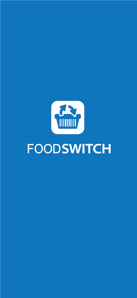 FoodSwitch - FoodSwitch app splash screen featuring the white logo and brand name on a solid blue background.