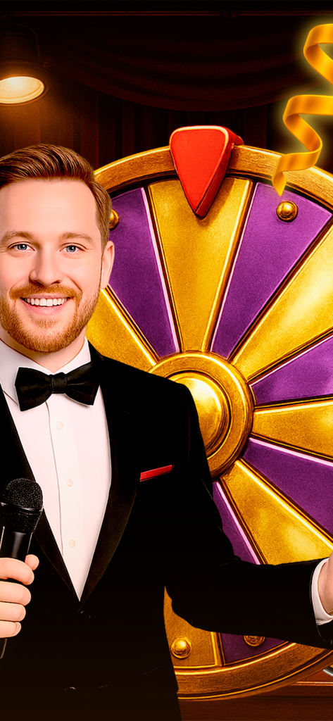 Crazy time:Crazy Mind Boost - カラフルなクイズホイールの前でマイクを持ったタキシード姿の笑顔のゲームショーホスト