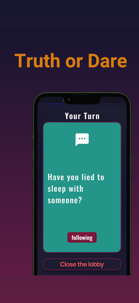 NightPlay app interface displaying a spicy truth question during a Truth or Dare game.
