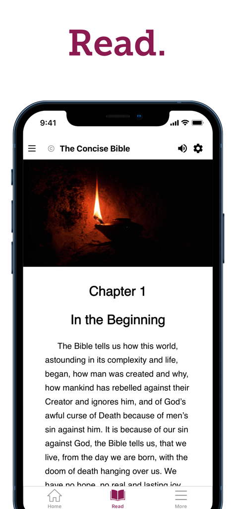 Reading screen of the Concise Bible app showing Chapter 1 In the Beginning with an oil lamp illustration.