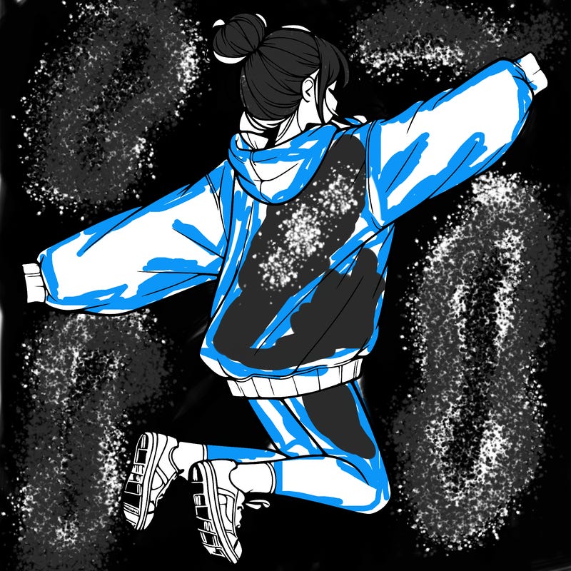 realistic girl jumping with a bun and oversized sweatshirt