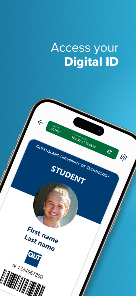 A mobile phone displaying the digital student ID card on the QUT app