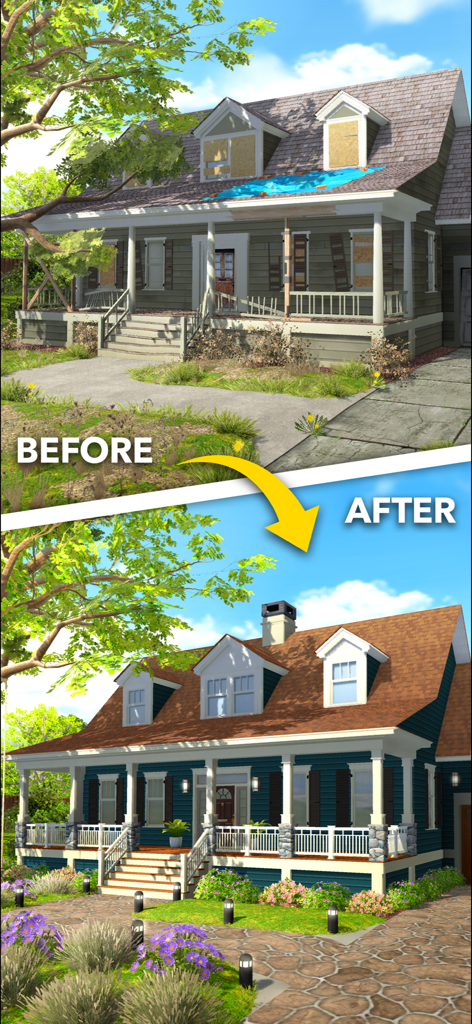 Home Design Makeover - Before and after comparison of a dilapidated house exterior transformed into a beautiful modern home