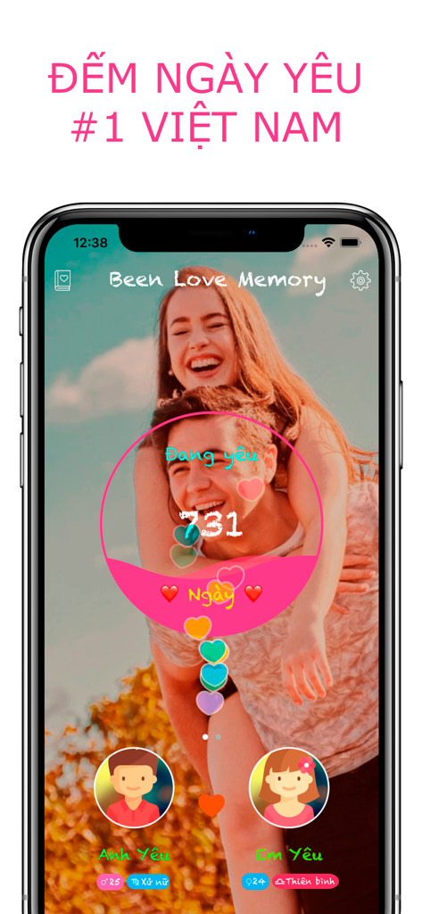 Been Love Memory app interface showing a love counter of 731 days with a romantic couple background.