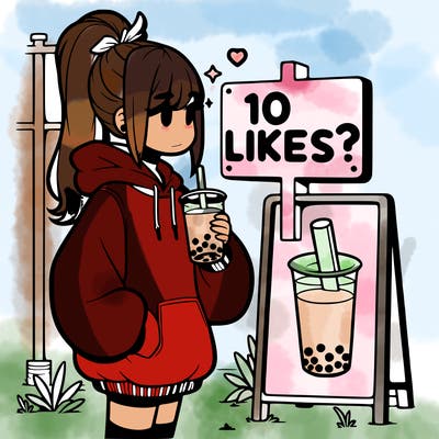 girl with oversized hoodie drinking boba and she has a high ponytail with a sign that says 10likes?