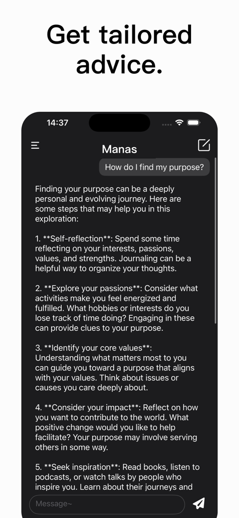 Interface de chat do aplicativo AIAgent mostrando um usuário perguntando como encontrar seu propósito e recebendo uma lista detalhada de conselhos