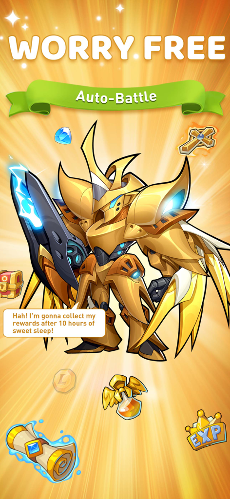 A powerful golden armored hero highlighting the worry-free auto-battle feature in Idle Heroes