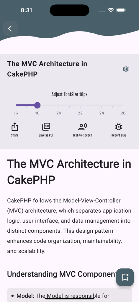 Educational screen showing the MVC architecture lesson in the Learn CakePHP Framework app