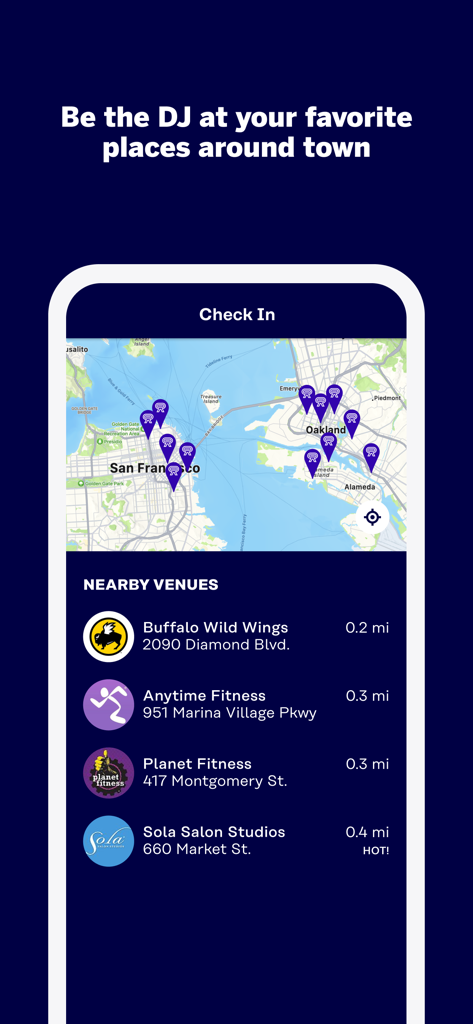 Rockbot app interface showing a map of San Francisco and a list of nearby venues like Buffalo Wild Wings and Anytime Fitness where users can check in and request music.