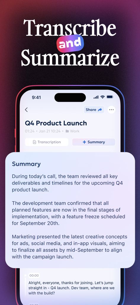 Notik: AI Note Taker - Notik app interface displaying an AI generated meeting summary and transcript for a product launch