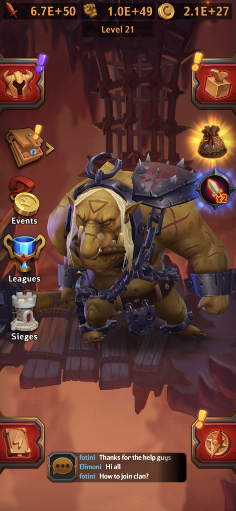 強力なオーガキャラクターとゲームメニューをフィーチャーしたDungeon Crusher AFK Heroesのスクリーンショット