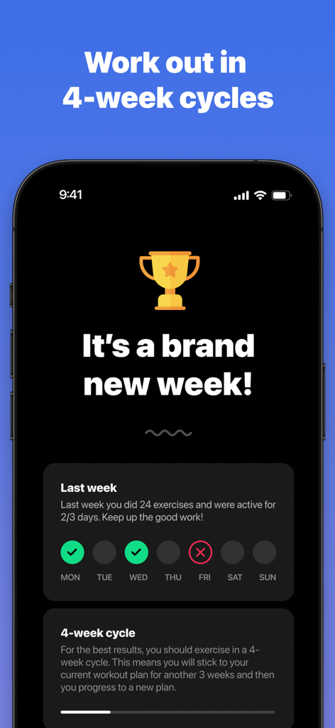 Fit.AI: ultra personal fitness - A mobile interface of the Fit.AI app highlighting the 4-week workout cycle and weekly activity progress summary.