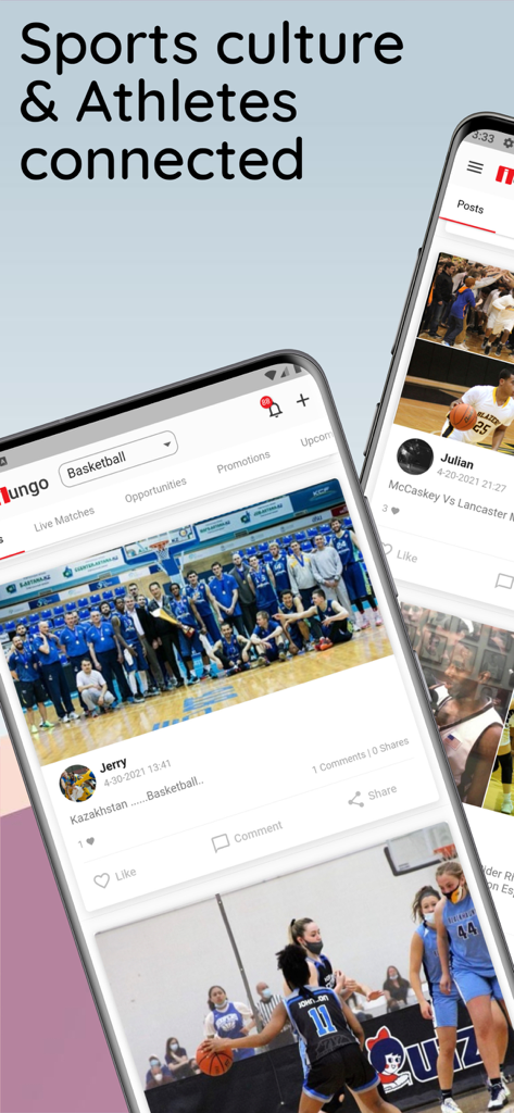 Iungo World - Iungo World mobile app interface showing a social feed of athletes and sports culture posts