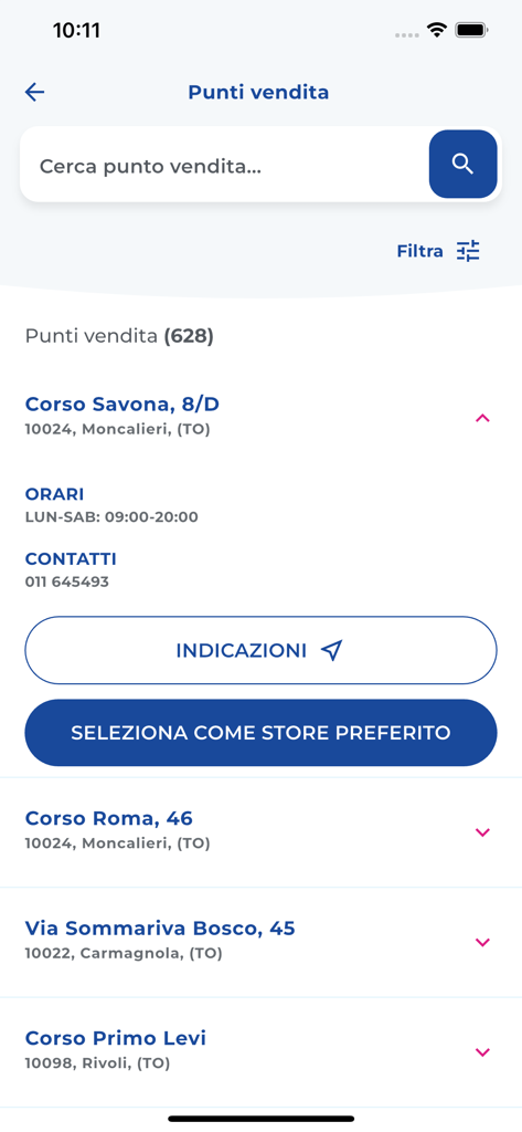 Store locator screen displaying a list of store locations with addresses and opening hours