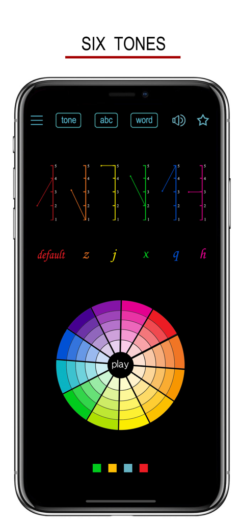 Captura de pantalla de la aplicación Learn Zhuang Language mostrando los seis tonos con gráficos de tono y una colorida rueda de selección