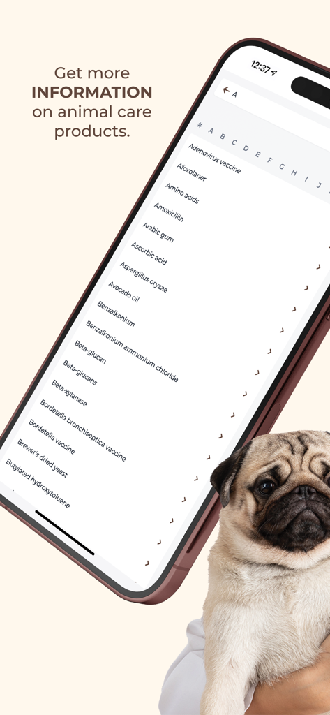 PVET Clinic - Smartphone screen showing an alphabetical list of animal care medicines and vaccines in the PVET Clinic app