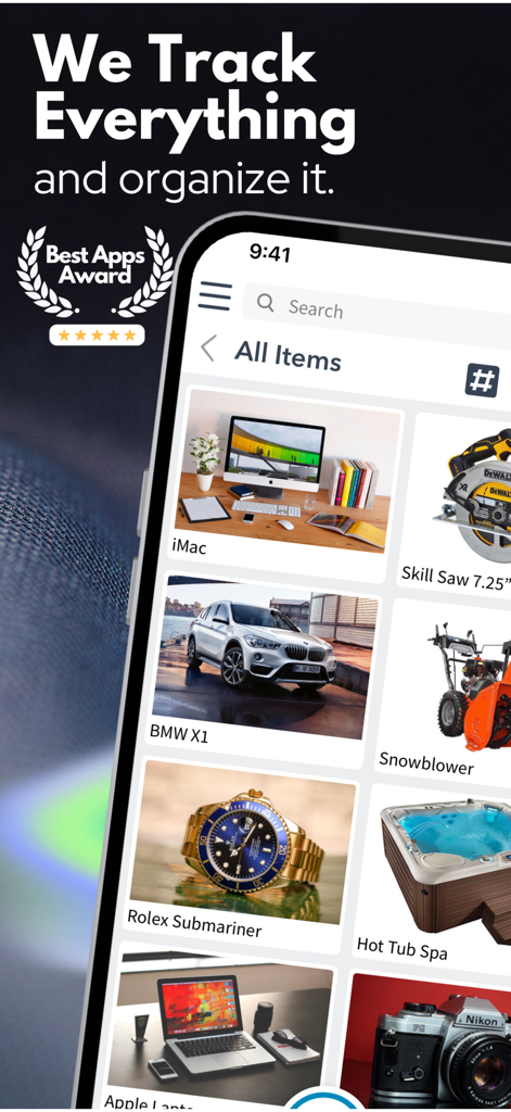 Itemtopia Inventory - Screenshot of Itemtopia app displaying a visual list of tracked assets like electronics vehicles and tools