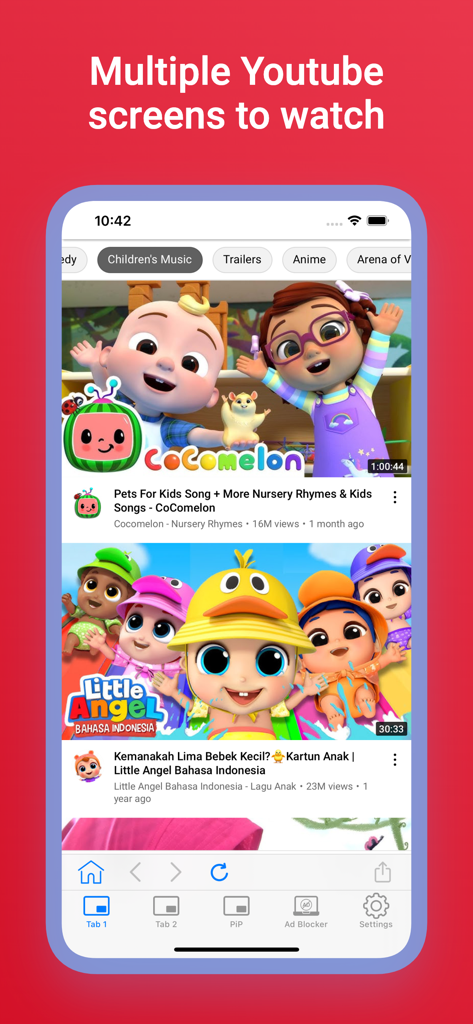 Music Video Player with PiP - Interface of TubePiP app displaying multiple YouTube tabs and a list of videos
