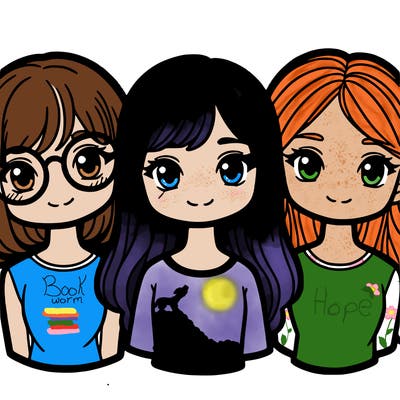 three girls one with short hair and glasses and two with long hair