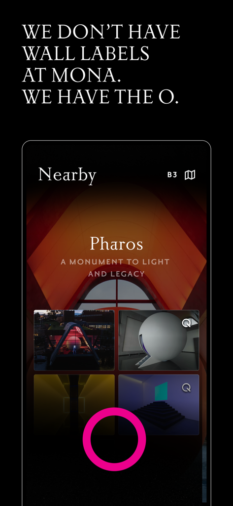 The O - Screenshot of The O app by Mona Museum displaying the Pharos exhibit and nearby artworks list
