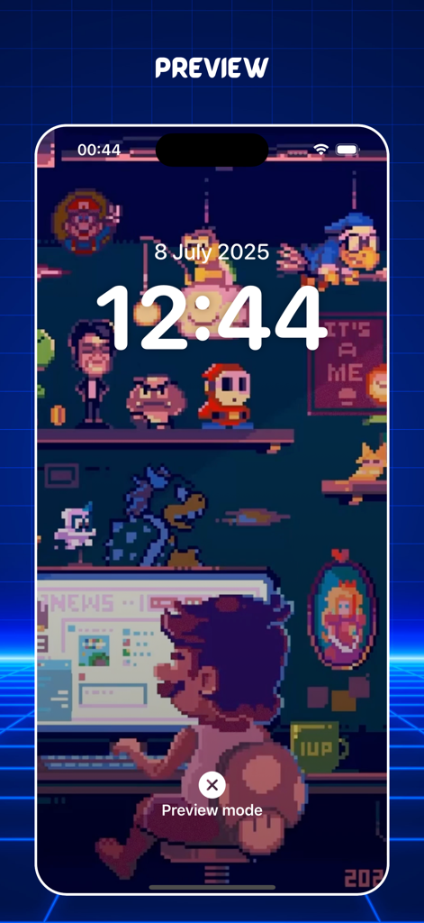 Gaming Wallpapers 4K Live - Vista previa de la pantalla de bloqueo del iPhone con un fondo de pantalla de juego de pixel art retro