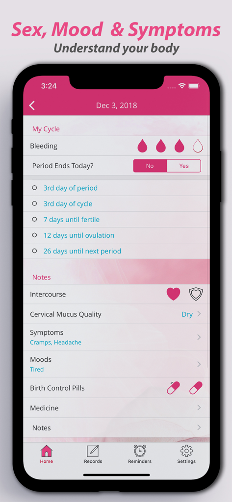 생리 추적기 앱의 일일 증상 및 기분 기록 화면
