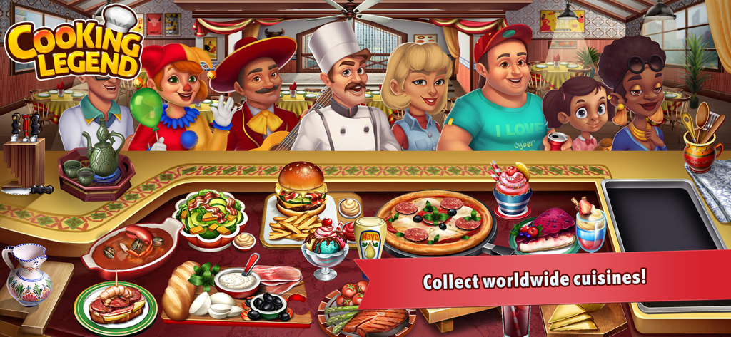 Screenshot of Cooking Legend Restaurant Game showing a chef and customers with various international dishes like pizza, burgers, and salads.