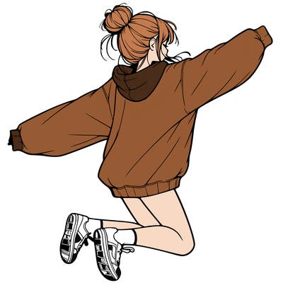 realistic girl jumping with a bun and oversized sweatshirt