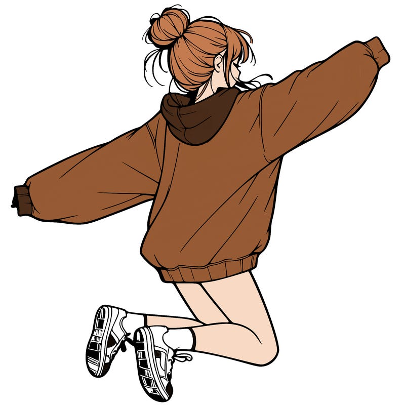 realistic girl jumping with a bun and oversized sweatshirt
