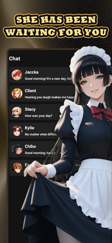 Anna -Your Dream Buddy - A screenshot of the Anna AI app chat list featuring multiple anime characters and a large illustration of a maid buddy.