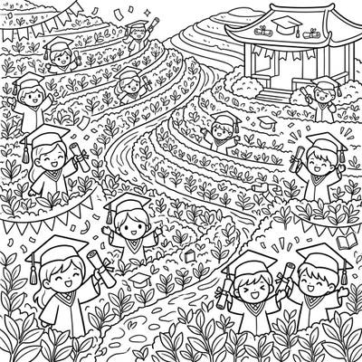 Experience a heartwarming blend of achievement and natural beauty with this charming coloring page. Watch as adorable graduates celebrate their success amidst the serene, terraced tea plantations.