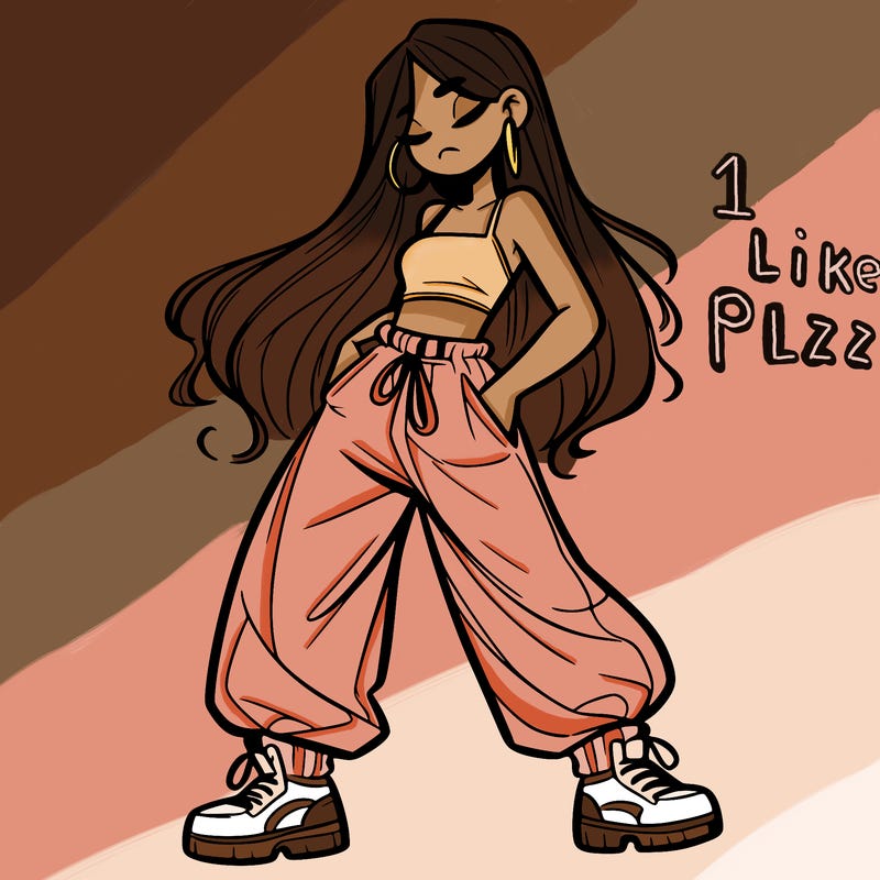 girl in baggy pants crop top and long hair