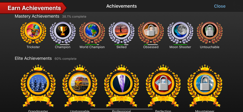 Hearts+ - Hearts plus achievement screen displaying various mastery and elite badges