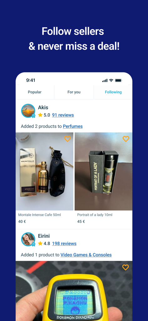 Vendora - Buy & Sell - Vendoraアプリのフォロータブのスクリーンショット。フォロー中のセラーからの香水とヴィンテージ携帯ゲームの新しいリスティングが表示されています。