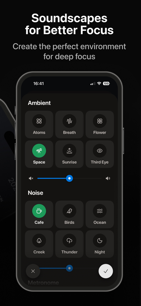 Emphasis: Flow & Focus Timer - Emphasis app interface showing various ambient sound and background noise options for deep focus.