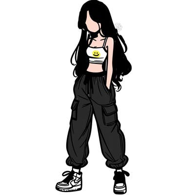 girl in baggy pants crop top and long hair