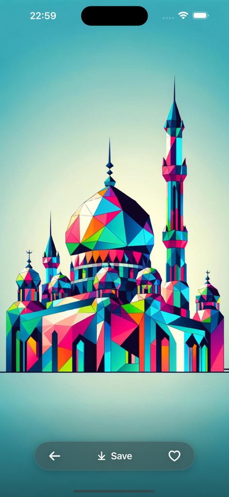 A vibrant geometric low-poly illustration of a mosque with colorful domes and minarets displayed on a phone screen.