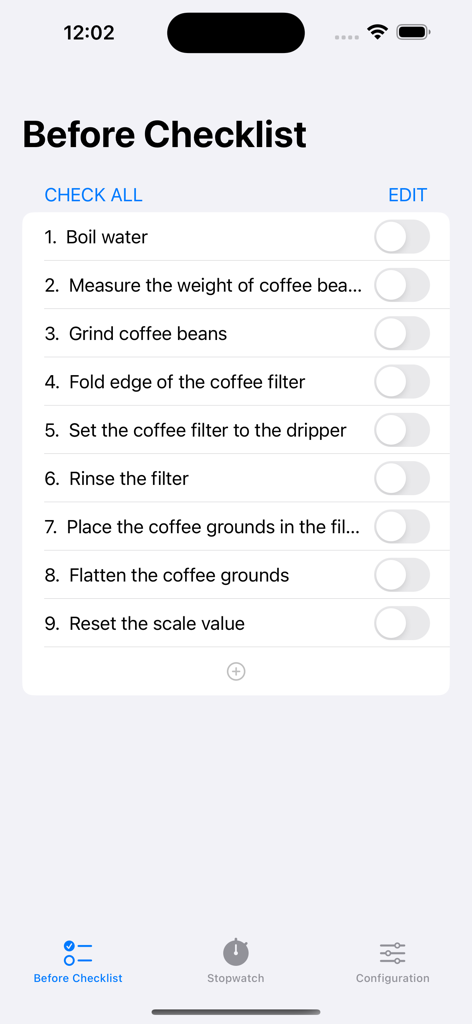 BrewCoffee46 - Checklist of coffee brewing preparation steps in the BrewCoffee46 app including boiling water and grinding beans.