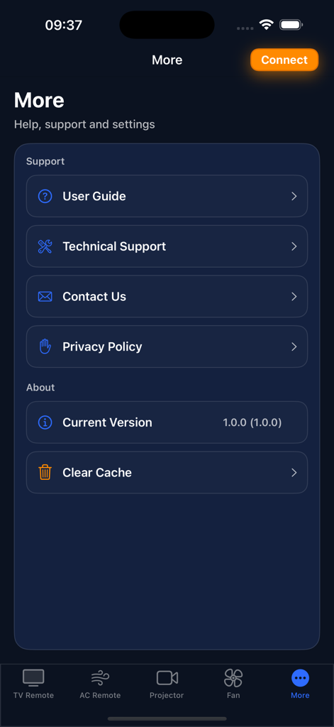 Philips TV Remote ~ - The more settings and support screen of the Philips TV Remote app featuring help options and app version information