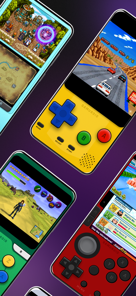 Gamuroid: All Game Emulator - Telas de celular exibindo vários jogos clássicos rodando em diferentes skins de consoles retrô no Gamuroid