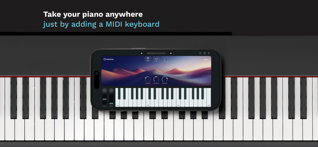 Verve - Felt Piano App & AUv3 - Un iPhone affichant l'interface de l'application de piano feutré Verve placée sur un clavier MIDI physique