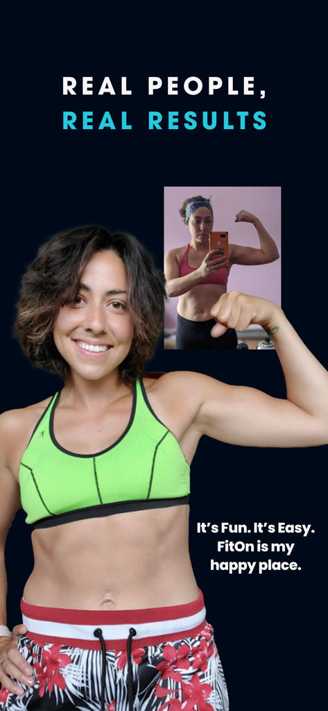 FitOn Workouts & Fitness Plans - A smiling woman flexing her bicep showcasing her fitness progress and a positive testimonial about the FitOn app.