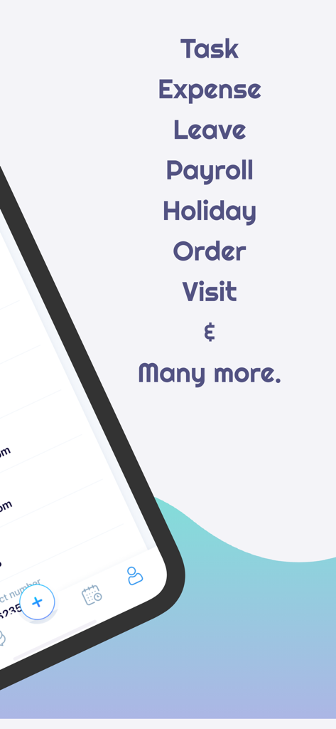 Ein Bildschirm der mobilen App mit Funktionen wie Aufgabe, Spesen, Urlaub und Gehaltsabrechnung für Mitarbeiter.