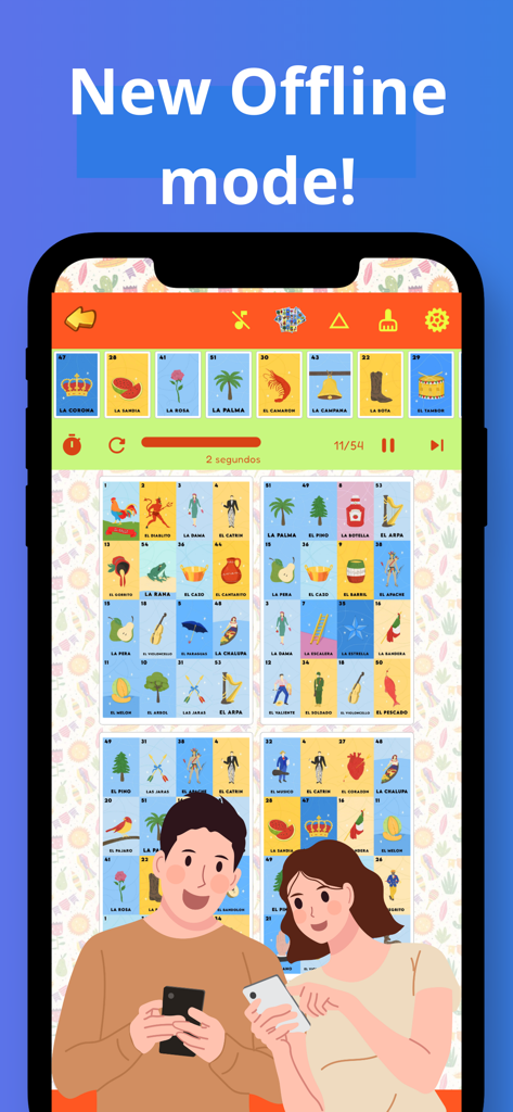 Online Mexican Lottery - The Online Mexican Lottery mobile app interface displaying traditional loteria boards and a banner for the new offline mode feature